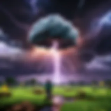 A Minecraft character experiencing a thunderstorm