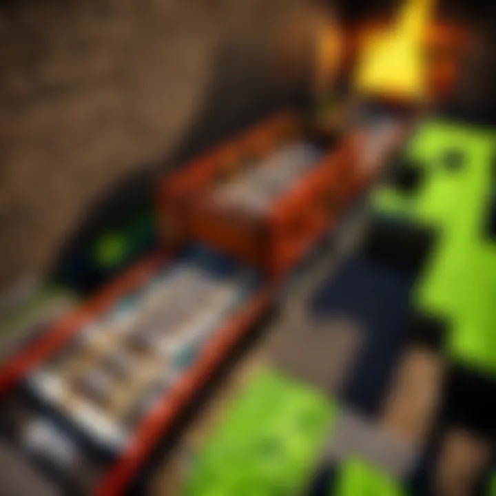 Close-up view of a player interacting with a minecart system in Minecraft, showcasing various components.