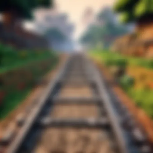 A vibrant landscape featuring a minecart track weaving through a lush Minecraft biome.