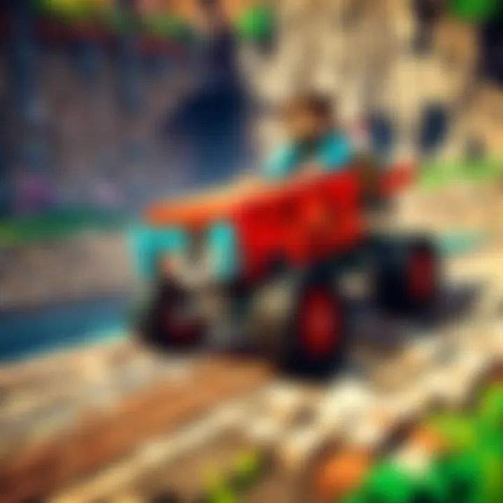 A dynamic scene displaying a minecart racing downhill, highlighting the speed and excitement of the game.