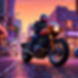 Motorcycle roaring through city streets at twilight