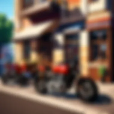 Group of motorcyclists gathered at a trendy city cafe